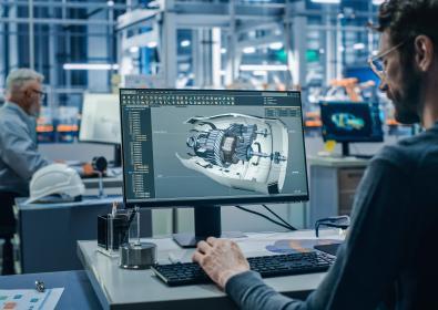 Man sitting at a computer in an engineering lab, working with a CAD program.